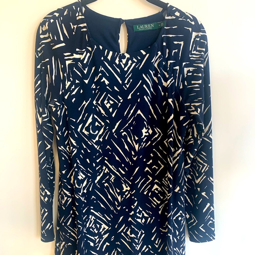 Ralph Lauren Navy & White Geometric Print Long-sleeve Dress Size 4